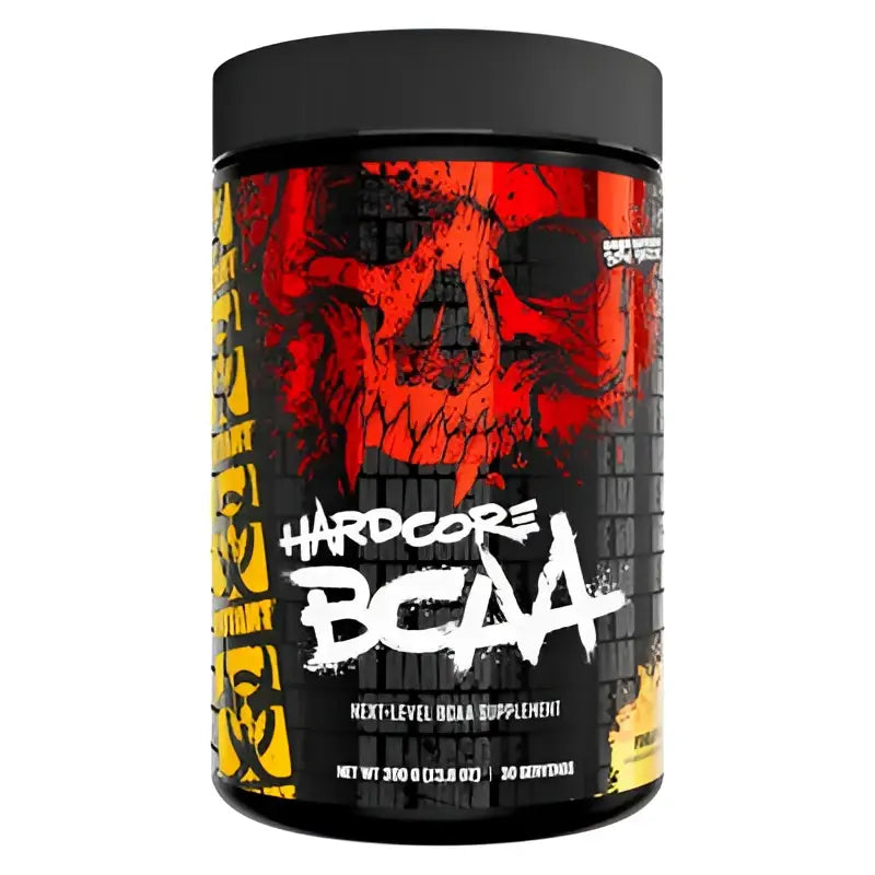 Envase negro cilíndrico de mutant bcaas con gráfico de calavera rojo y amarillo de universal nutrition
